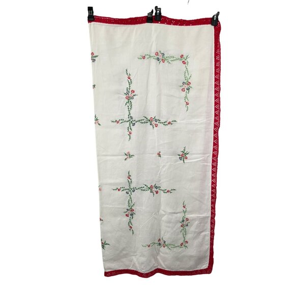 Vintage Hand Embroidered Floral Tablecloth Red Crochet Lace 50x52 Cottage - Picture 3 of 16